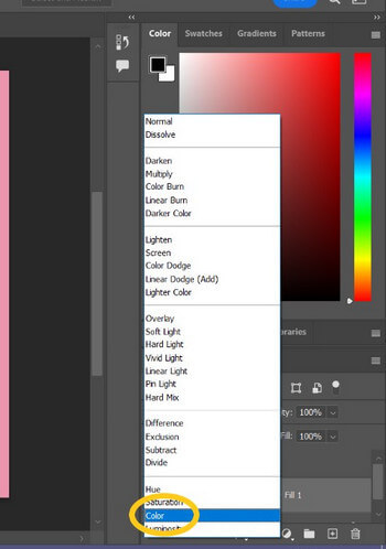 Photoshopで「標準」>「カラー」をクリックする